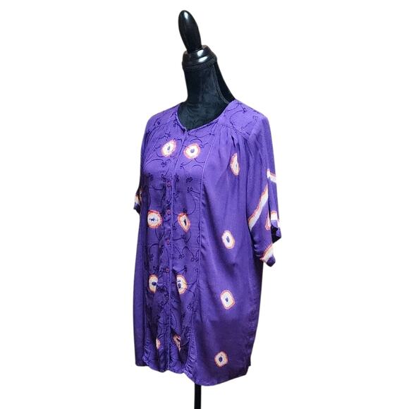 Purple Crepe Women's XL Silk Short-Sleeve Embroidered Boho Button-Up Tunic Top - Picture 3 of 7